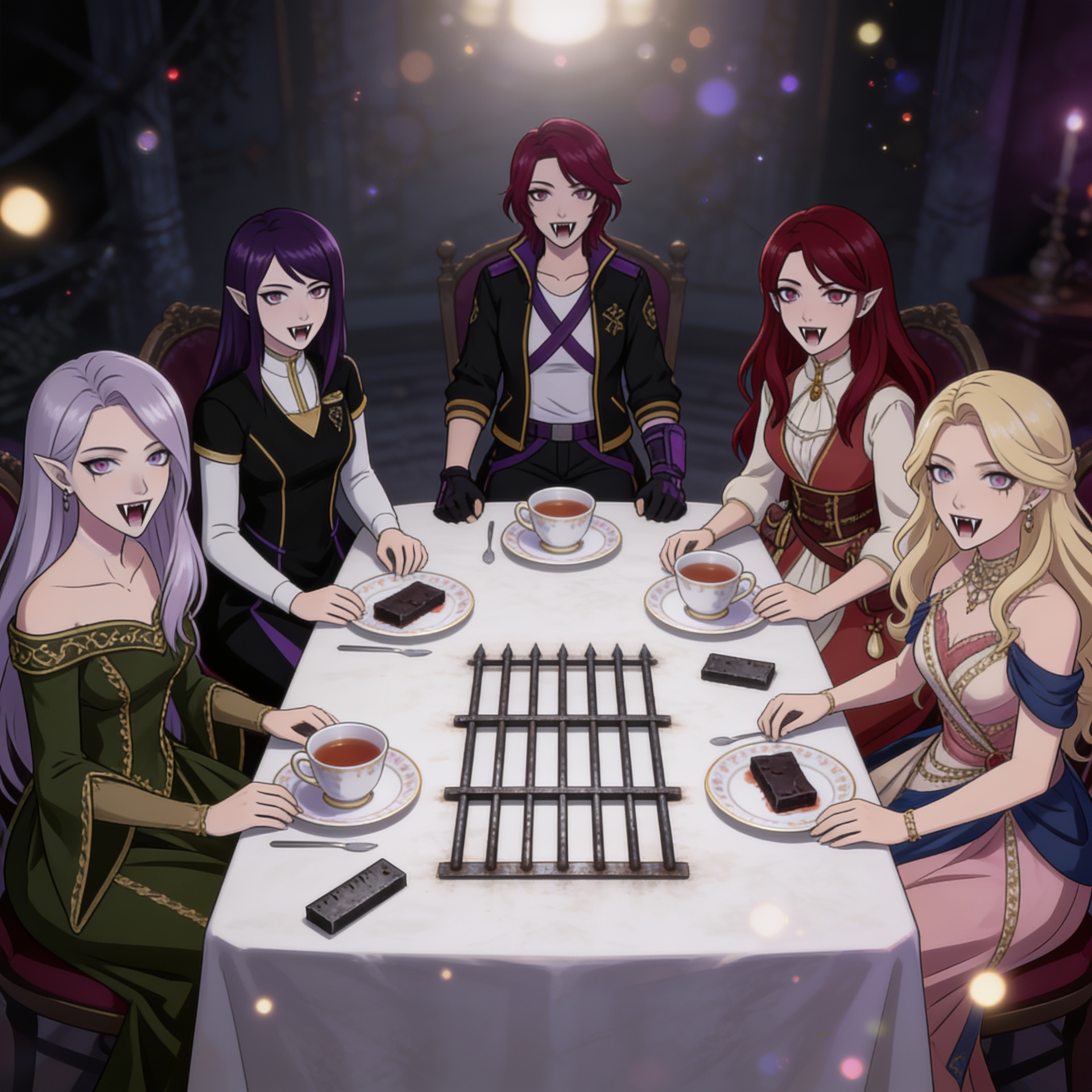 anime style, 5 girls, tea party, vampire fangs, iron bars, girls eating iron at tea party, sitting around table, teacups, saucers, iron pieces on plates, vampire girls, full body, soft lighting, rim l