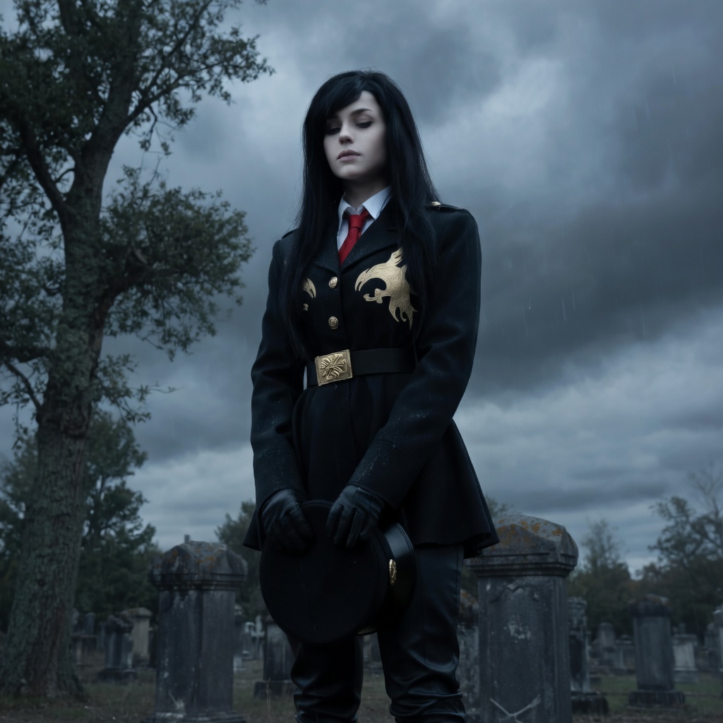 make the lighting more ominous, slightly just a little bit blue-gray pale. make her skin more pale, slightly weak rain drops. remaster this image, high resolution. don't add or change anything else