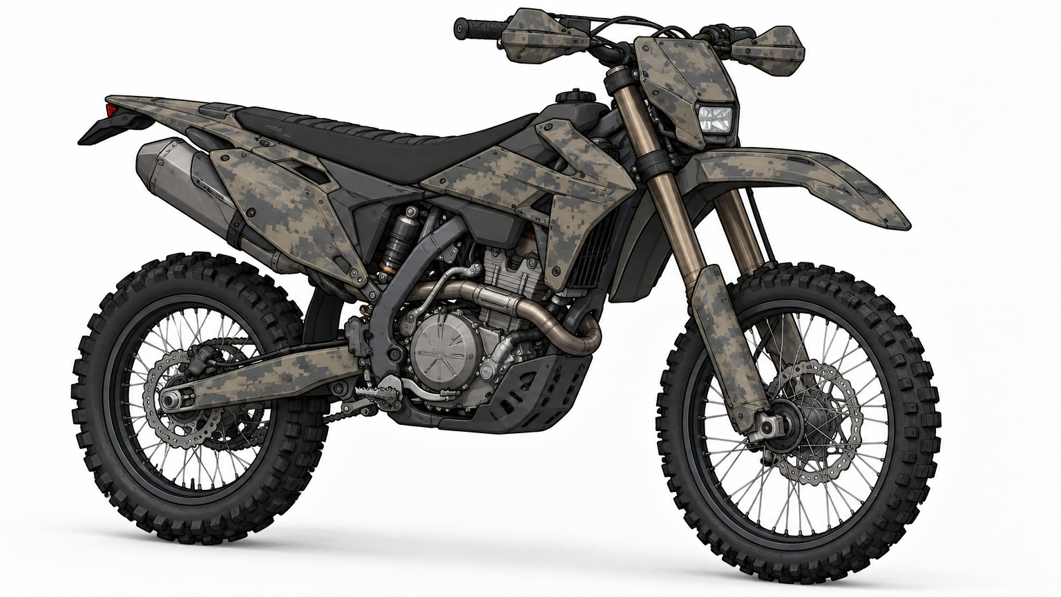 add color to the image of the dirt bike using the colors and camo pattern of the character in the second image. Other colors are permitted where they make sense such as gray for mechanical parts and m
