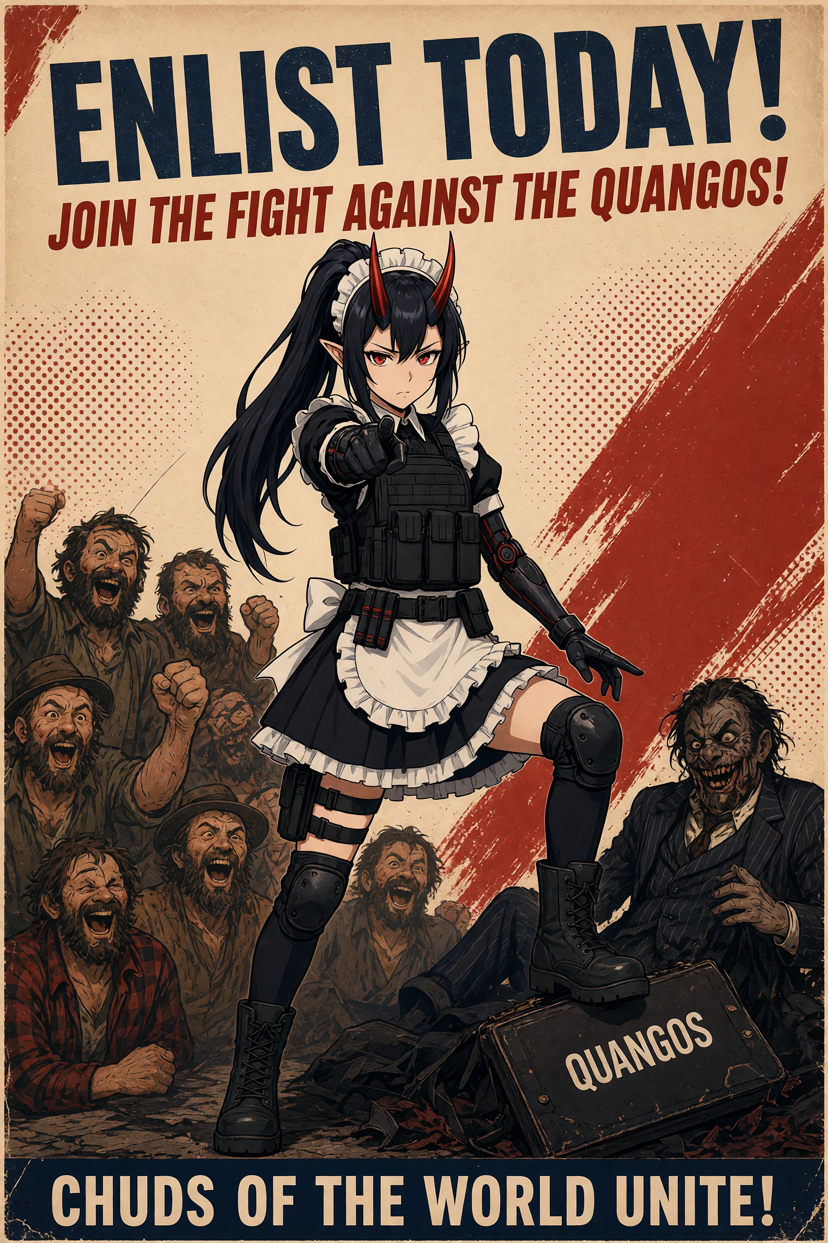 Put this character onto a WWII style enlistment poster, with any kind of reference to allies or friends replaced with chuds and any reference of an enemy replaced with quangos