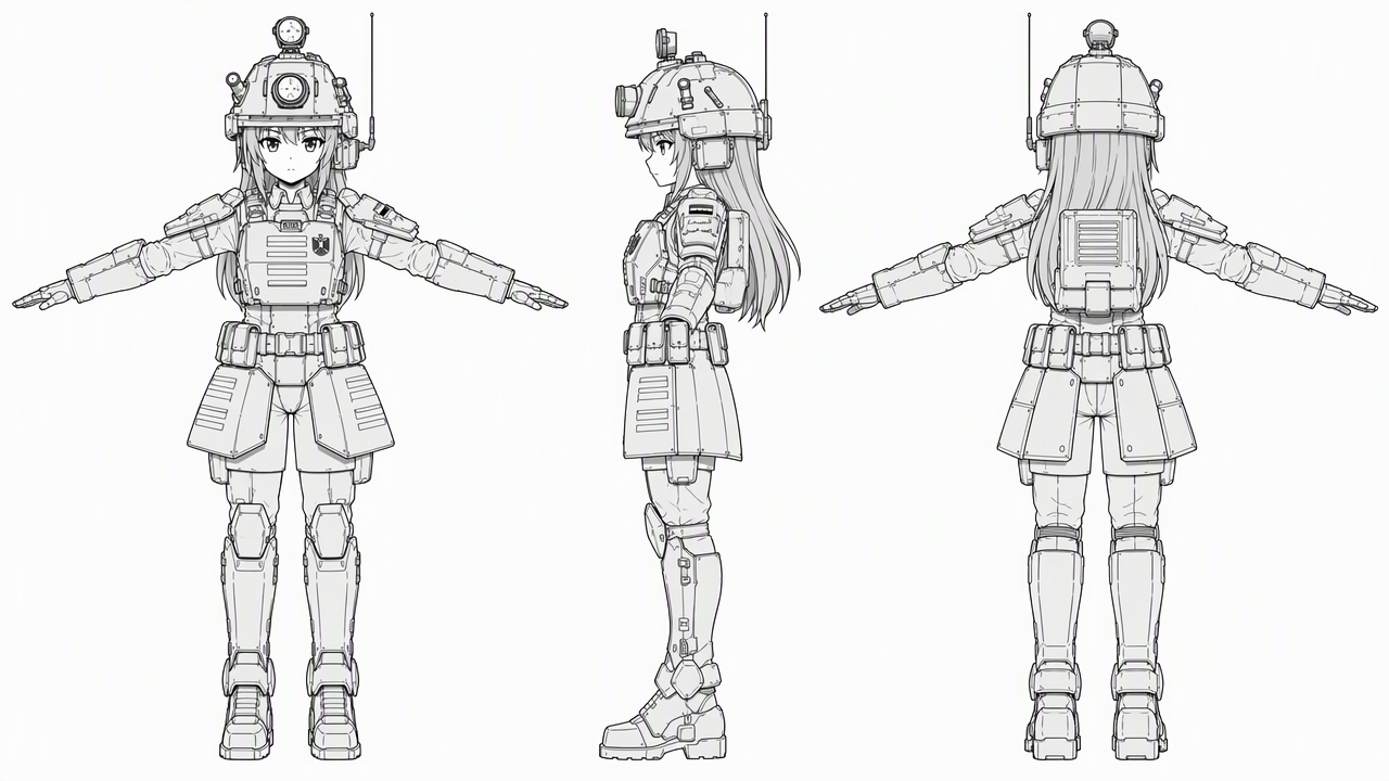 Create an animation-ready character reference sheet of the character in the first image, showing three full-body views side by side: front, side, and back, all in a neutral T-pose. Keep the character’