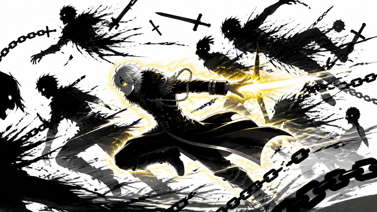 make a black and white shadow fight sequence of him slicing through dashing through shadow enemies as enemies flying in air with splattered shadow blood and their weapons flying in air and broken chai