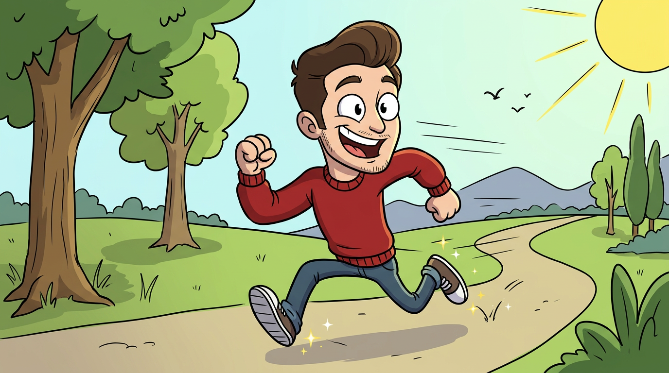 western cartoon style, me as a simple cartoon character on a cheerful saturday morning adventure, running forward with lively pose, animation style, expressive eyes, stylized background, clean edges, 