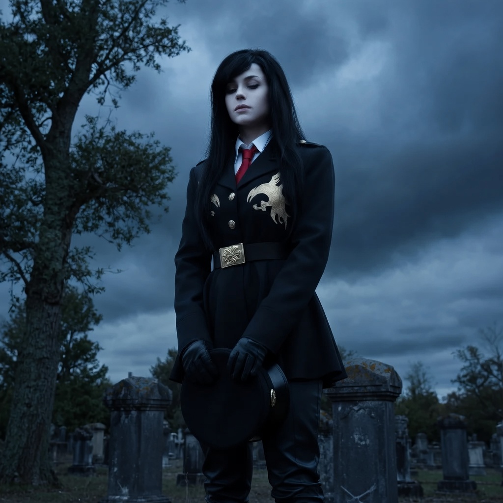 make the lighting more ominous, slightly more blue-ish pale. make her skin more pale. remaster this image, high resolution. don't add or change anything else