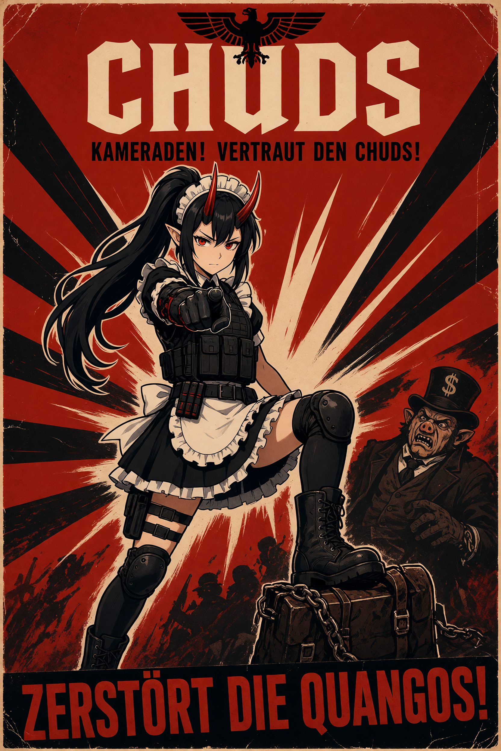 Put this character onto a WWII style german poster, with any kind of reference to allies or friends replaced with chuds and any reference of an enemy replaced with quangos