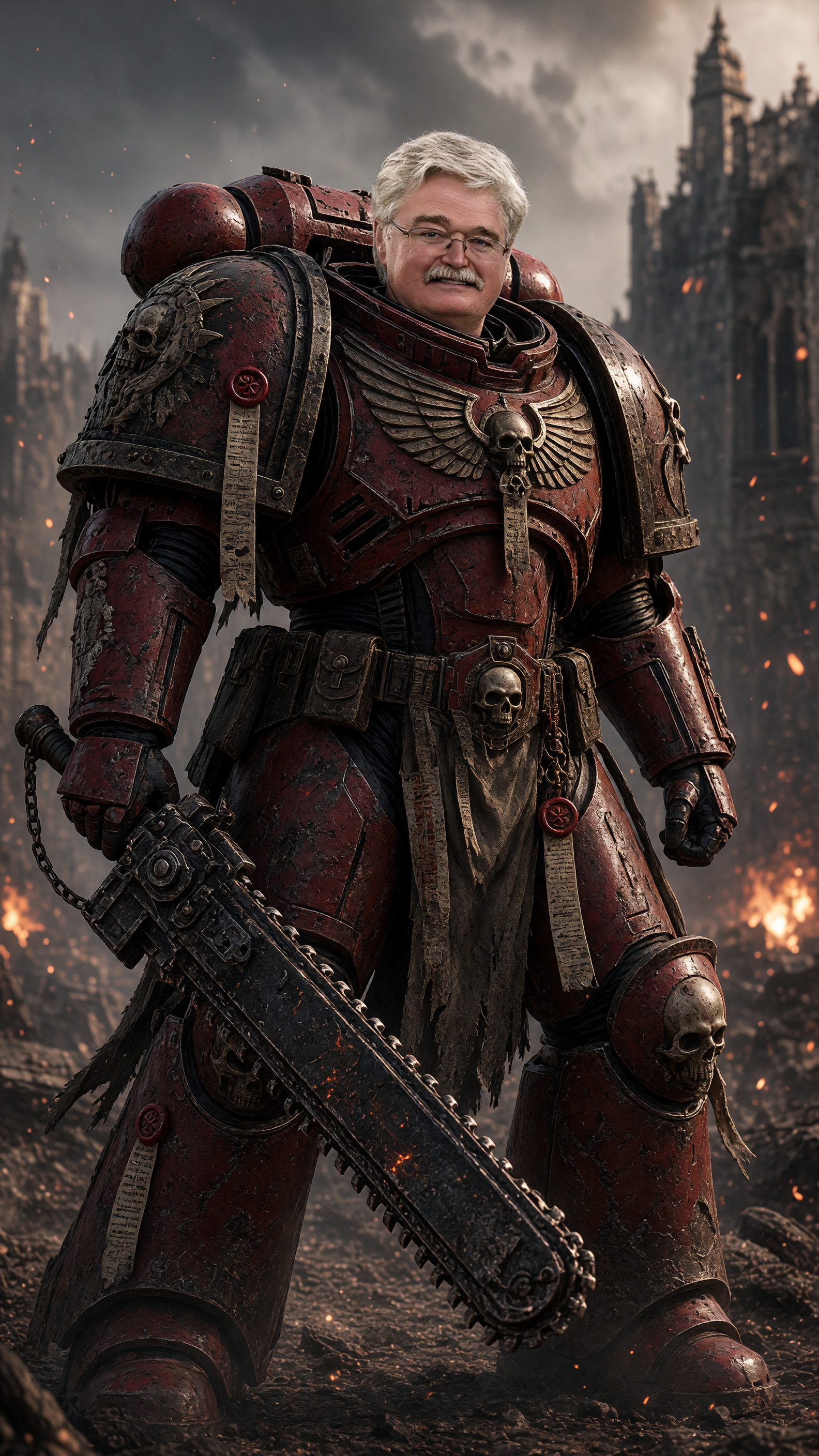 photorealistic, RAW photo, a grimdark sci-fi assault super soldier standing at full intimidating scale on a war-torn battlefield, massive red and black power armor layered with worn gothic heraldry, b