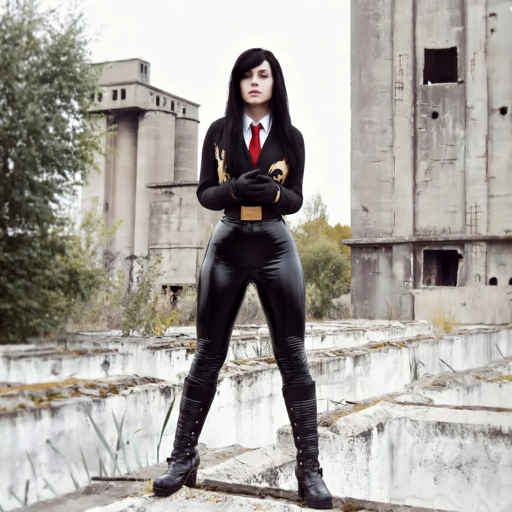 make her pants leather very tight, keep everything else the exact same. remaster this image, high resoultion. don't add or change anything else