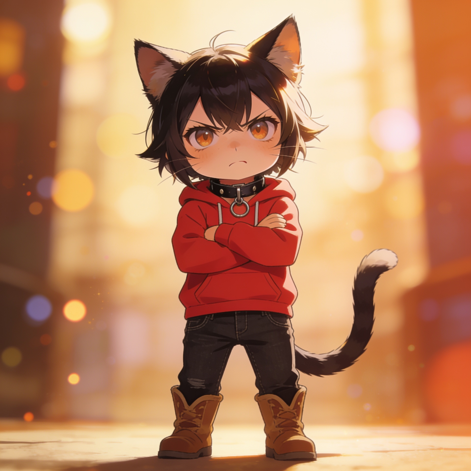 Have the cat boy wear a red hoodie and black jeans.