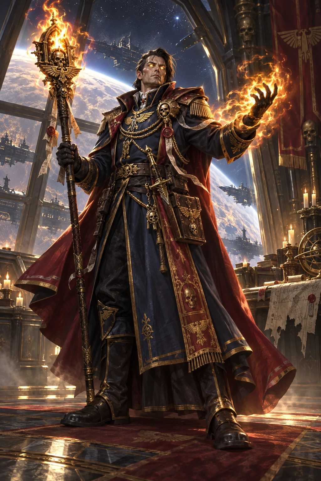 old school portrait of a Warhammer 40k Rogue Trader character, psyker, with a staff, pyromancer, sanctified psyker, imperial loyalist, sorcerer, in psyker robed armor with imperial navy officer's unif