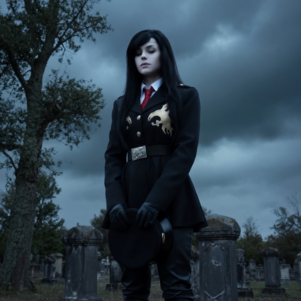 make the lighting more ominous, slightly just a little bit blue-gray pale. make her skin more pale. remaster this image, high resolution. don't add or change anything else