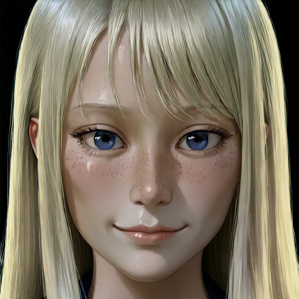 photorealistic, RAW photo, a pretty Finnish woman in a tight close-up portrait staring directly at the viewer with empty blue eyes and a faint slight smile playing on her lips, solo subject with flawl