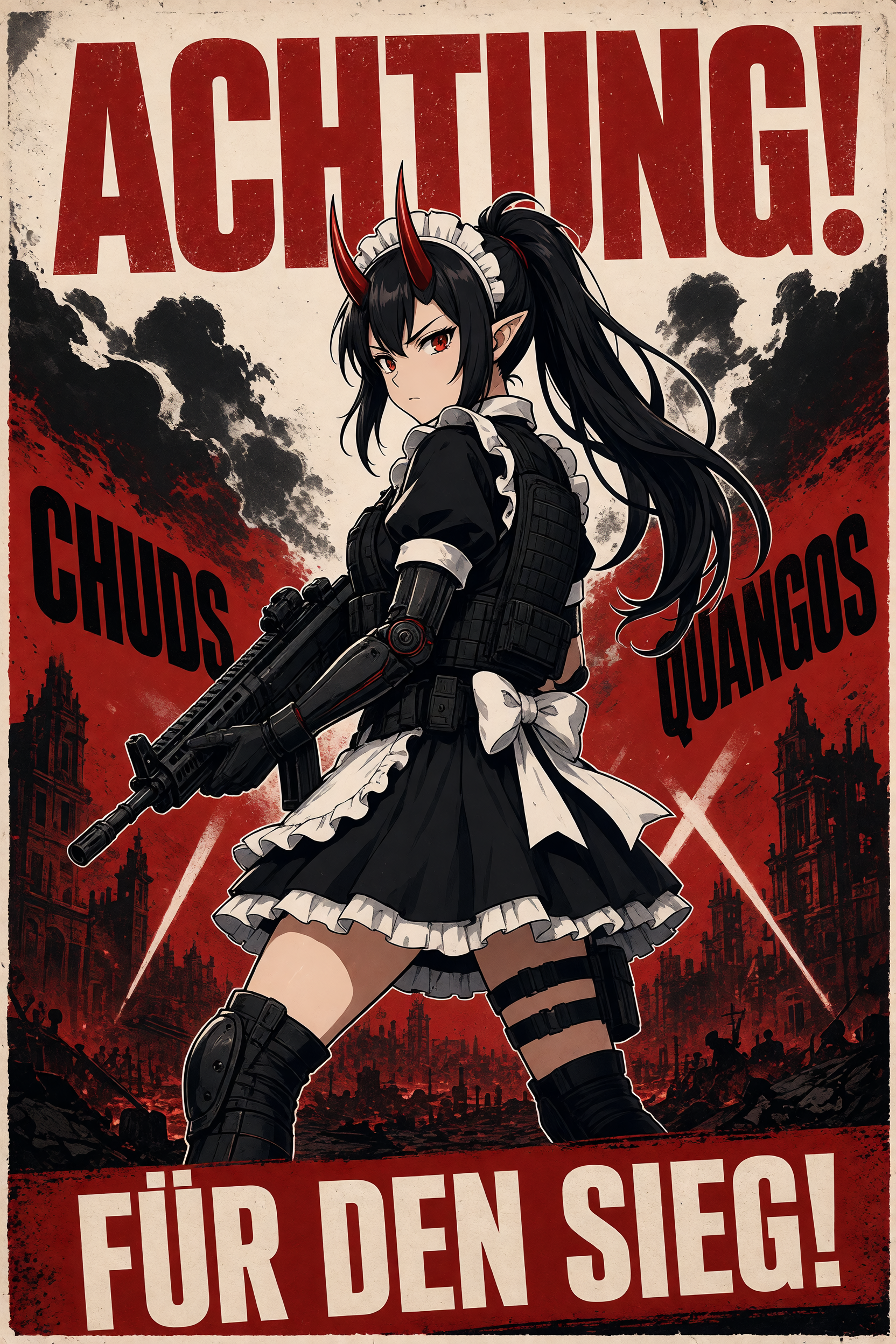 Put this character onto a WWII style german poster, with any kind of reference to allies or friends replaced with chuds and any reference of an enemy replaced with quangos