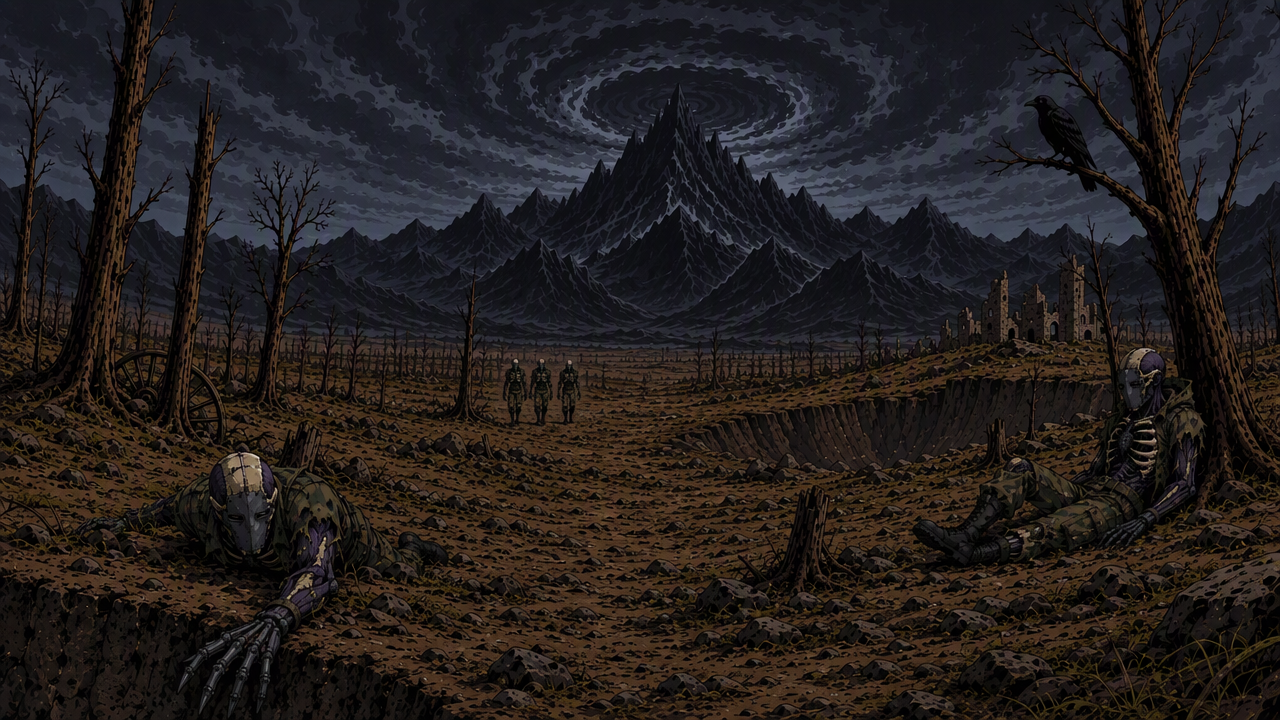90s dark anime landscape with a couple variants of the provided character in various poses (a few marching toward the camera in the extreme far distance, One trying to crawl up the opposite edge of th