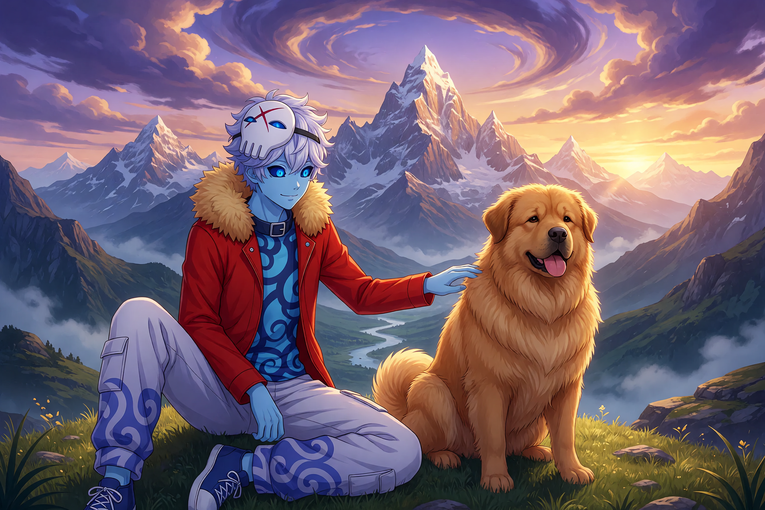 make them like 80% of a frame, person and dog are sitting next to each other epic scenery behind them 
