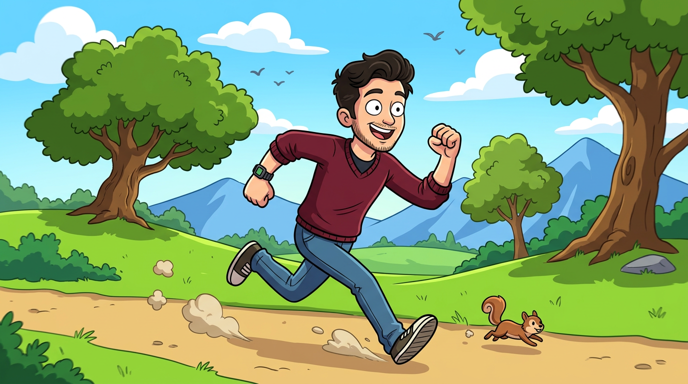 western cartoon style, me as a simple cartoon character on a cheerful saturday morning adventure, running forward with lively pose, animation style, expressive eyes, stylized background, clean edges, 