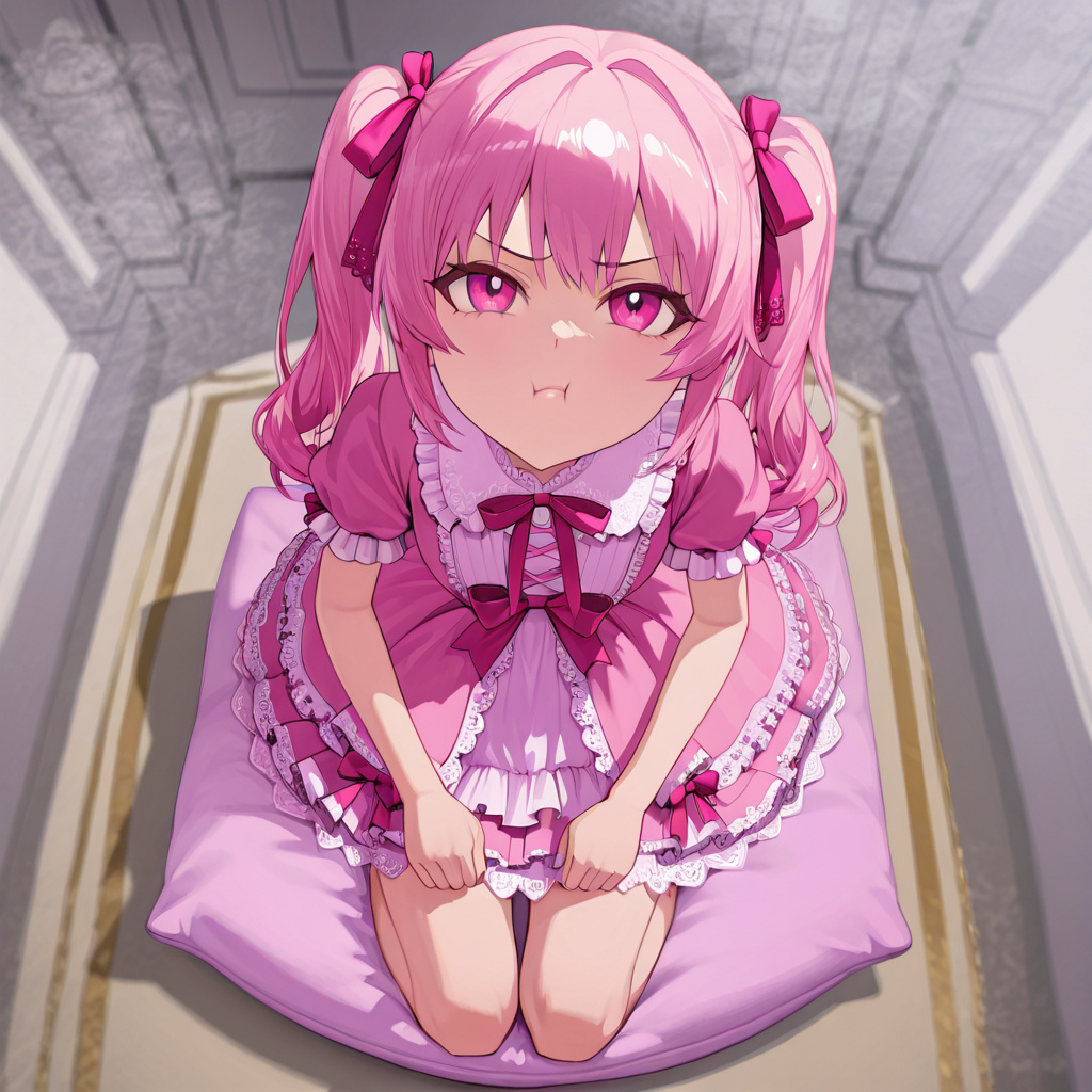 spoiled pink haired pigtailed petite woman a cup in modest pink gothic lolita dress with intricate lace, frills, and ribbons, kneeling and sitting on a soft velvet cushion, pout expression while looki