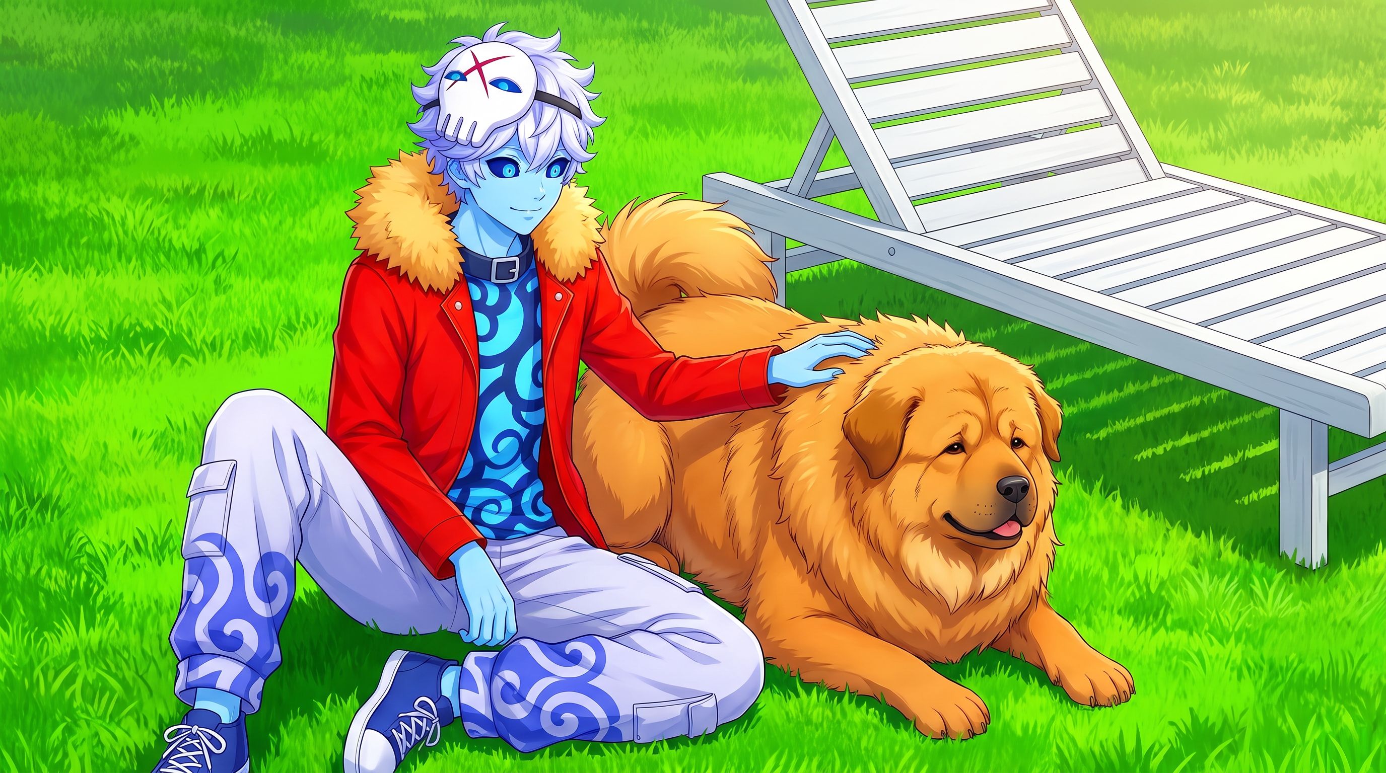 all anime style person from 1st picture is sitting next to the dog from 2nd picture and is stroking the dog, dog is fluffy and only 10-20 % smaller than the person