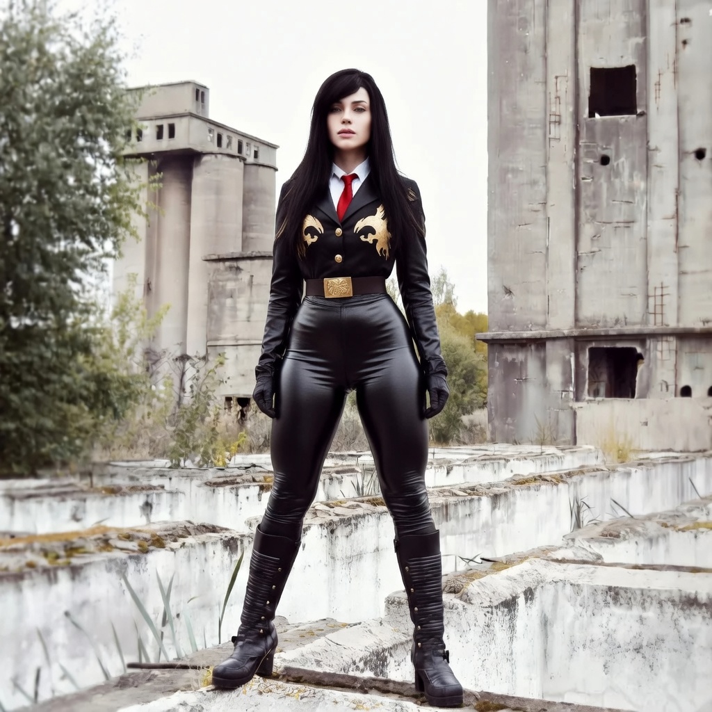 make her pants leather very tight, making it able to see the format of her legs. remaster this image, high resoultion. don't add or change anything else