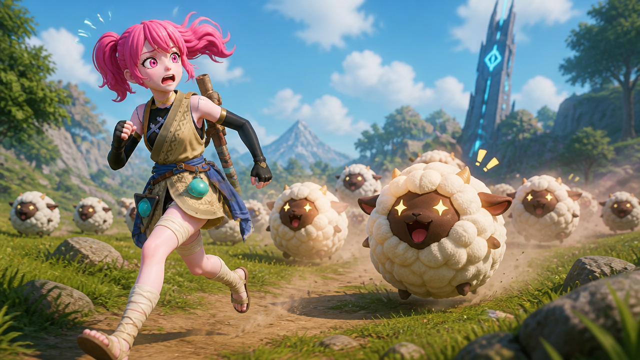 make a funny picture of her running from rolling forward cute lamballs chasing her in pal world.