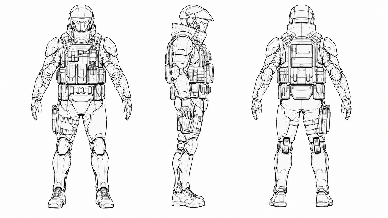 Turn the character in the first image into a clean animation reference sheet. POSE & PROPORTIONS: Re-pose them into a neutral full-body A-pose, shown as front, side, and back views at the same scale; 