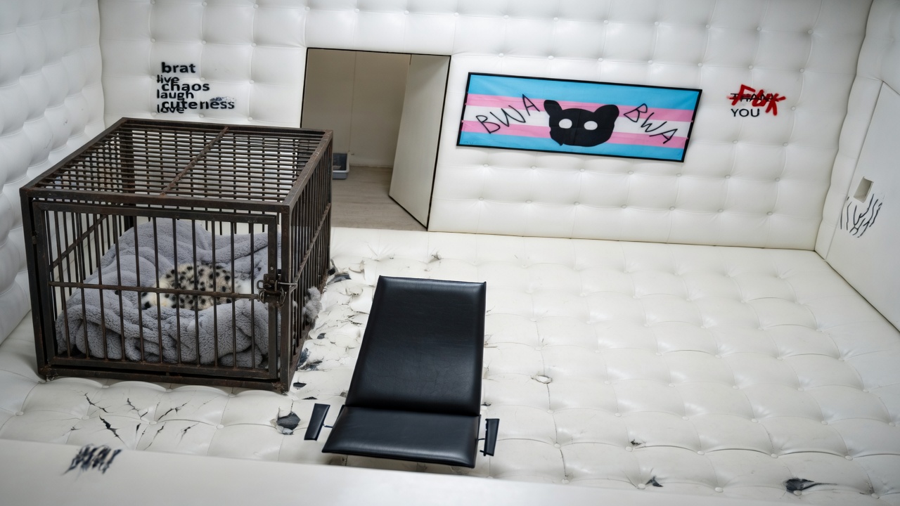 make image more realistic, make a proper cage to be seen and so a snow leopard could sleep in there so maybe a blanket in there and make place next to cage all scratched like cats like to have a place
