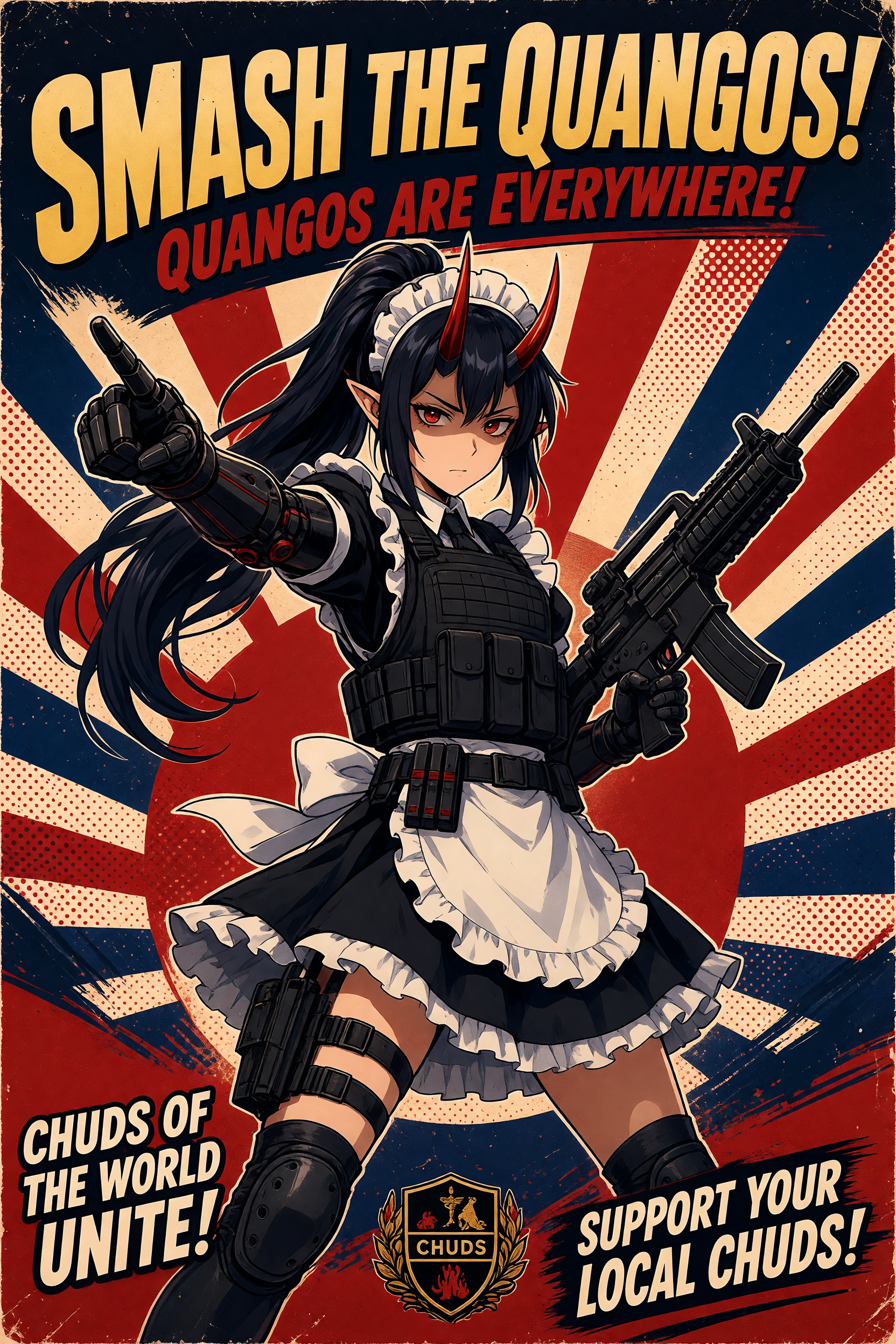 Put this character onto a WWII style poster, with any kind of reference to allies or friends replaced with chuds and any reference of enemy or axis replaced with quango