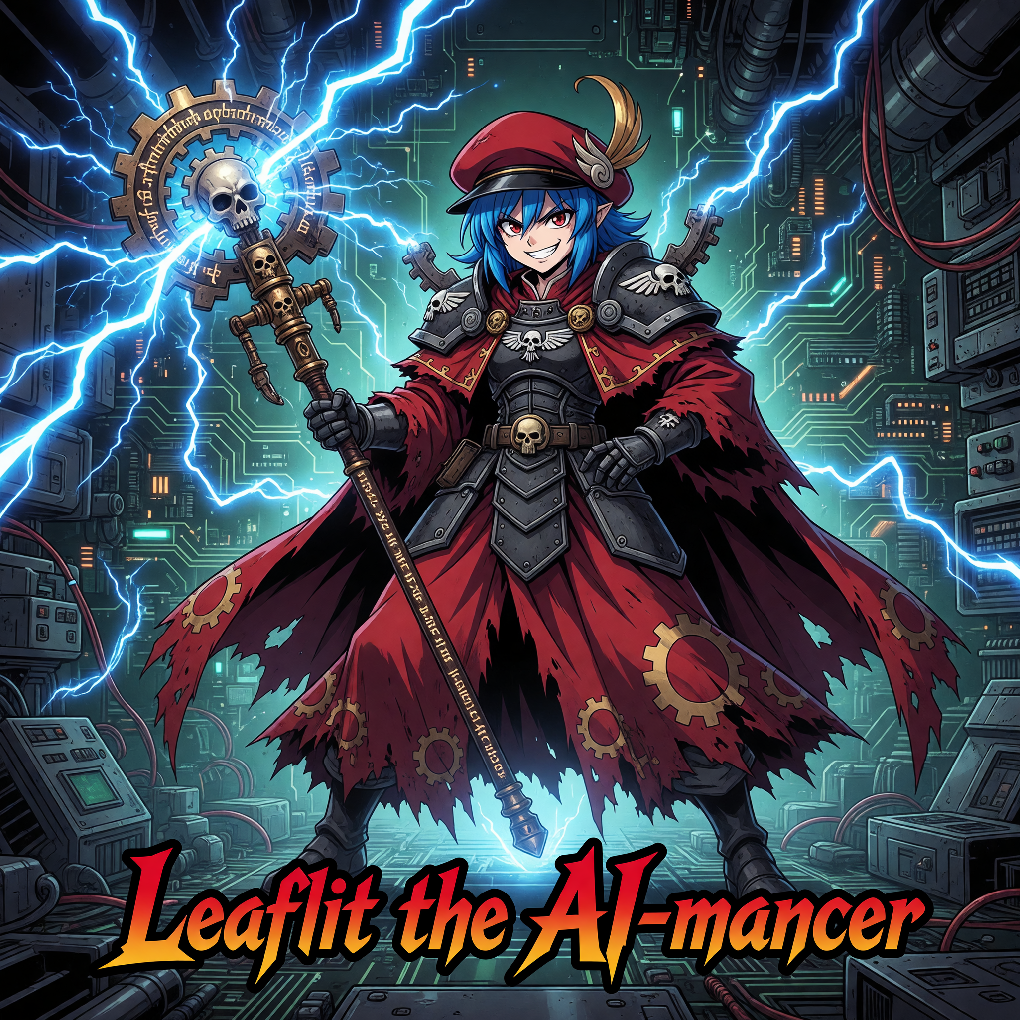 Make the art style be a 90s anime aesthetic, ave the girl in the reference image change into a Warhammer 40K wizard while wielding a rune engraved mechanical staff, have the facial expression of the g