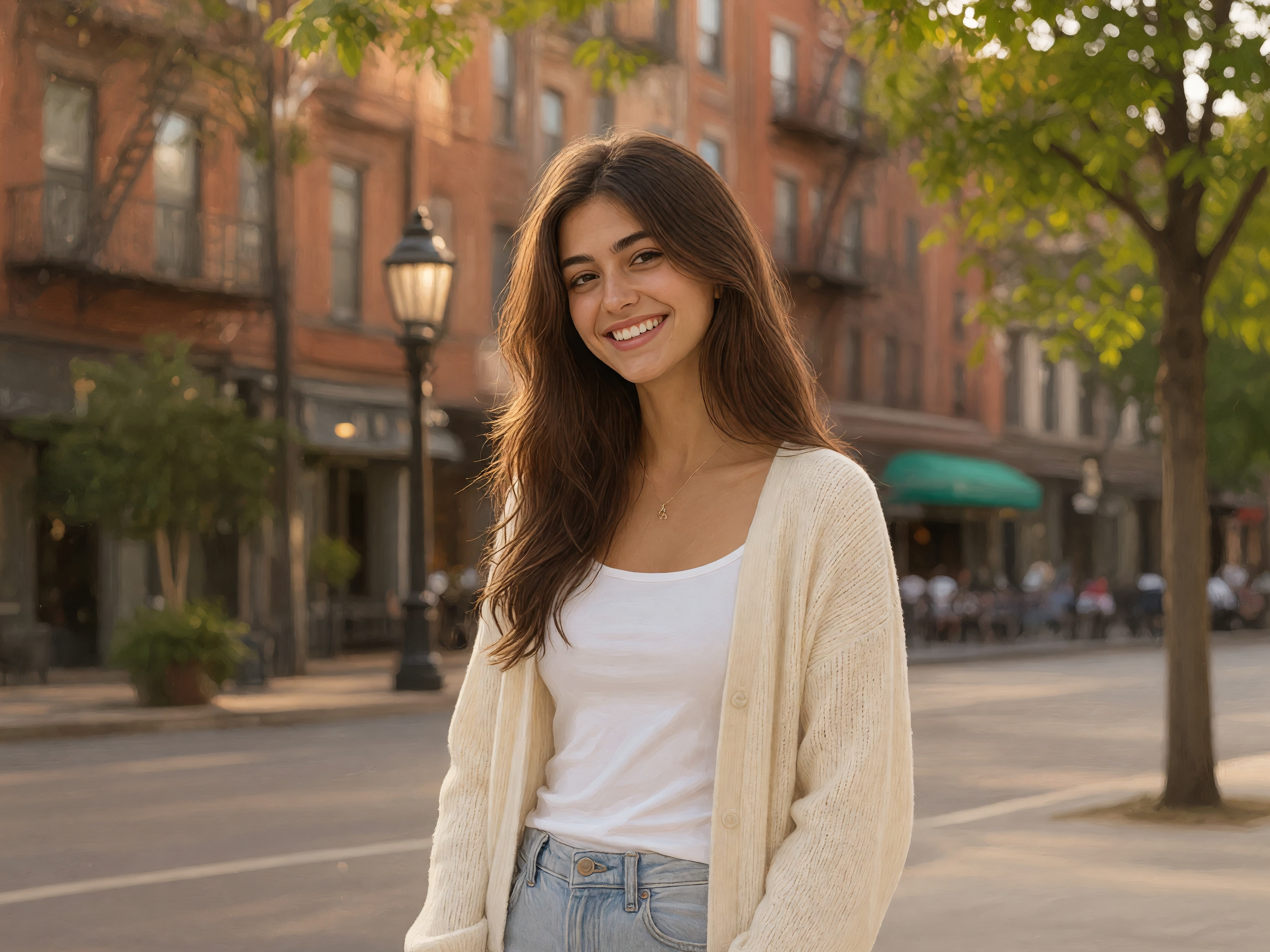 Less realistic, and try to add a big warm smile. No need to hold things that represent acting in the hands.