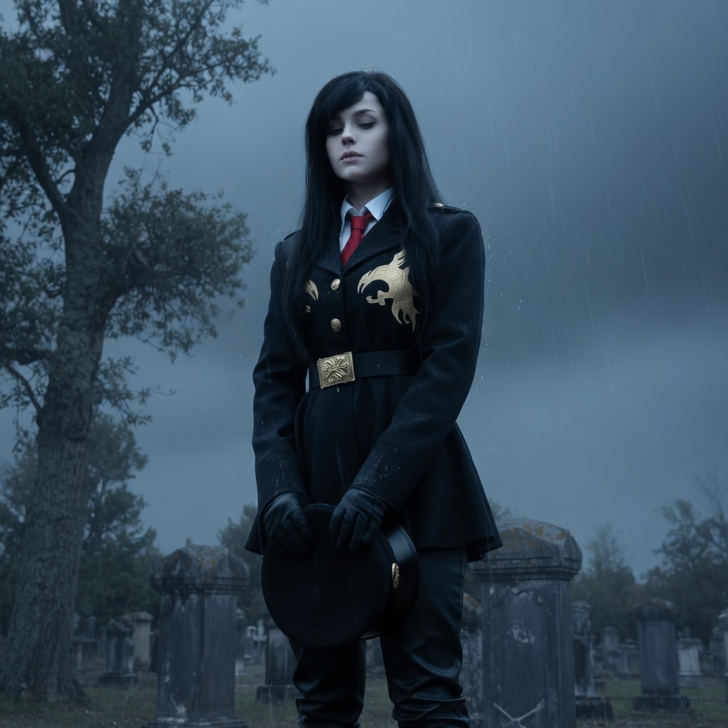 make the lighting more ominous, slightly just a little bit blue-gray pale. make her skin more pale, slightly weak rain drops. remaster this image, high resolution. don't add or change anything else