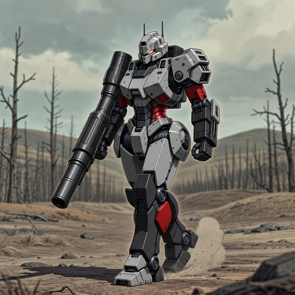 Keep silhouette but remove rifle and missle pods and instead attach a Megatron-like fusion cannon to the outside of the right arm and change colors to resemble generation one Megatron: black shins but