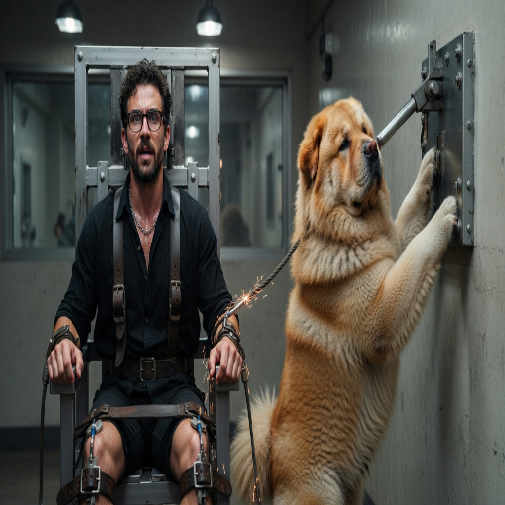 photorealistic, RAW photo, a tense man tightly strapped into a metal electric chair inside a stark prison execution chamber, thick leather wrist and ankle restraints buckled secure, electrode contacts