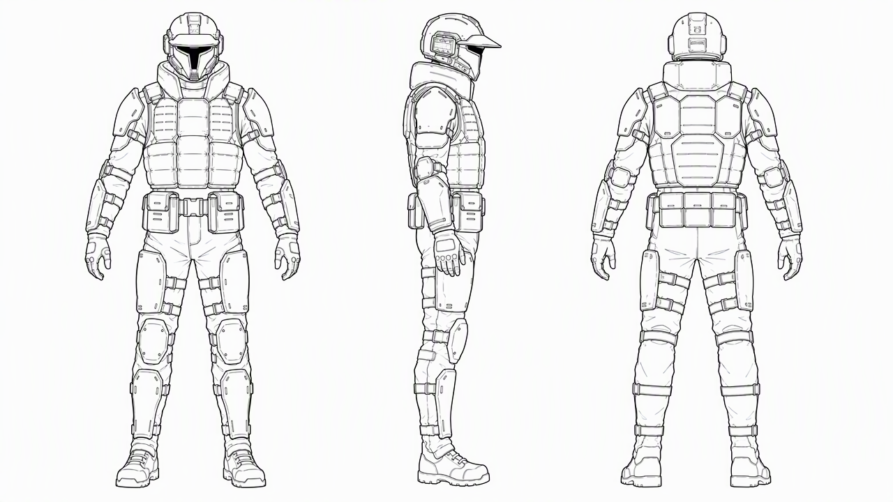 Turn the character in the first image into a clean animation reference sheet. POSE & PROPORTIONS: Re-pose them into a neutral full-body A-pose, shown as front, side, and back views at the same scale; 