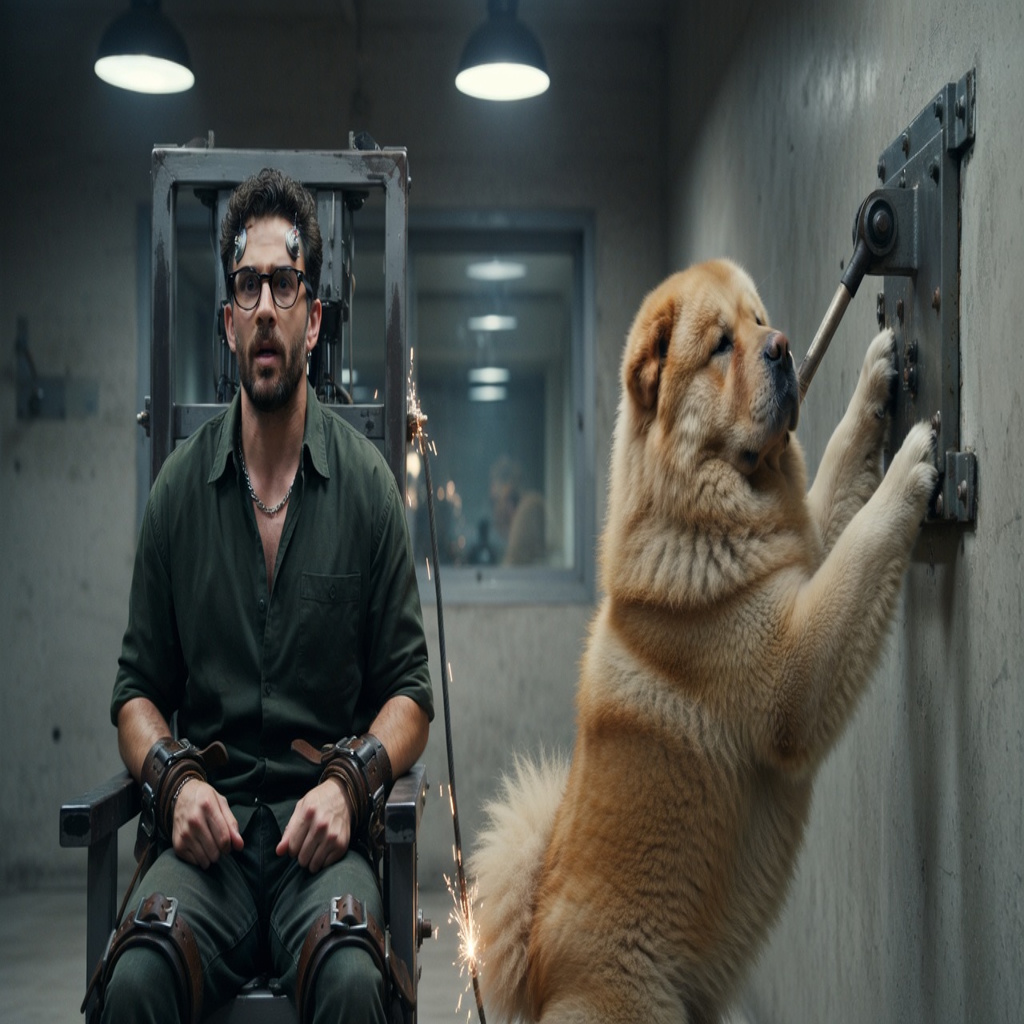 photorealistic, RAW photo, a tense man tightly strapped into a metal electric chair inside a stark prison execution chamber, thick leather wrist and ankle restraints buckled secure, electrode contacts
