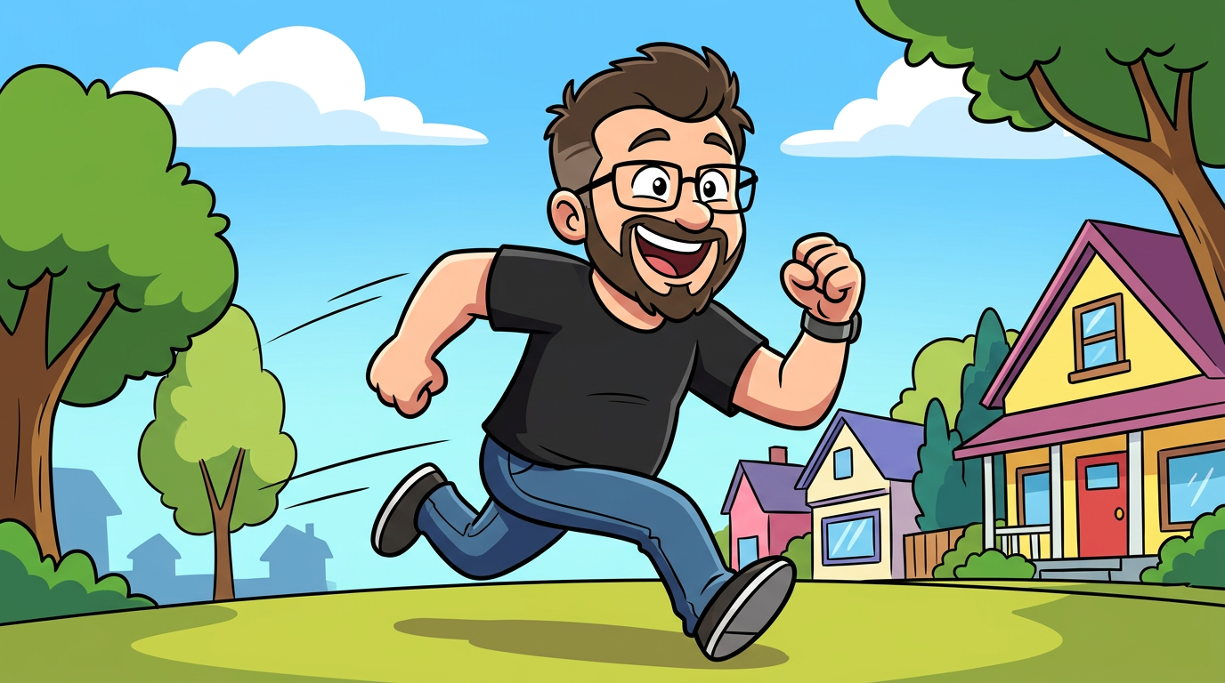 western cartoon style, me as a simple cartoon character on a cheerful saturday morning adventure, running forward with lively pose, animation style, expressive eyes, stylized background, clean edges, 