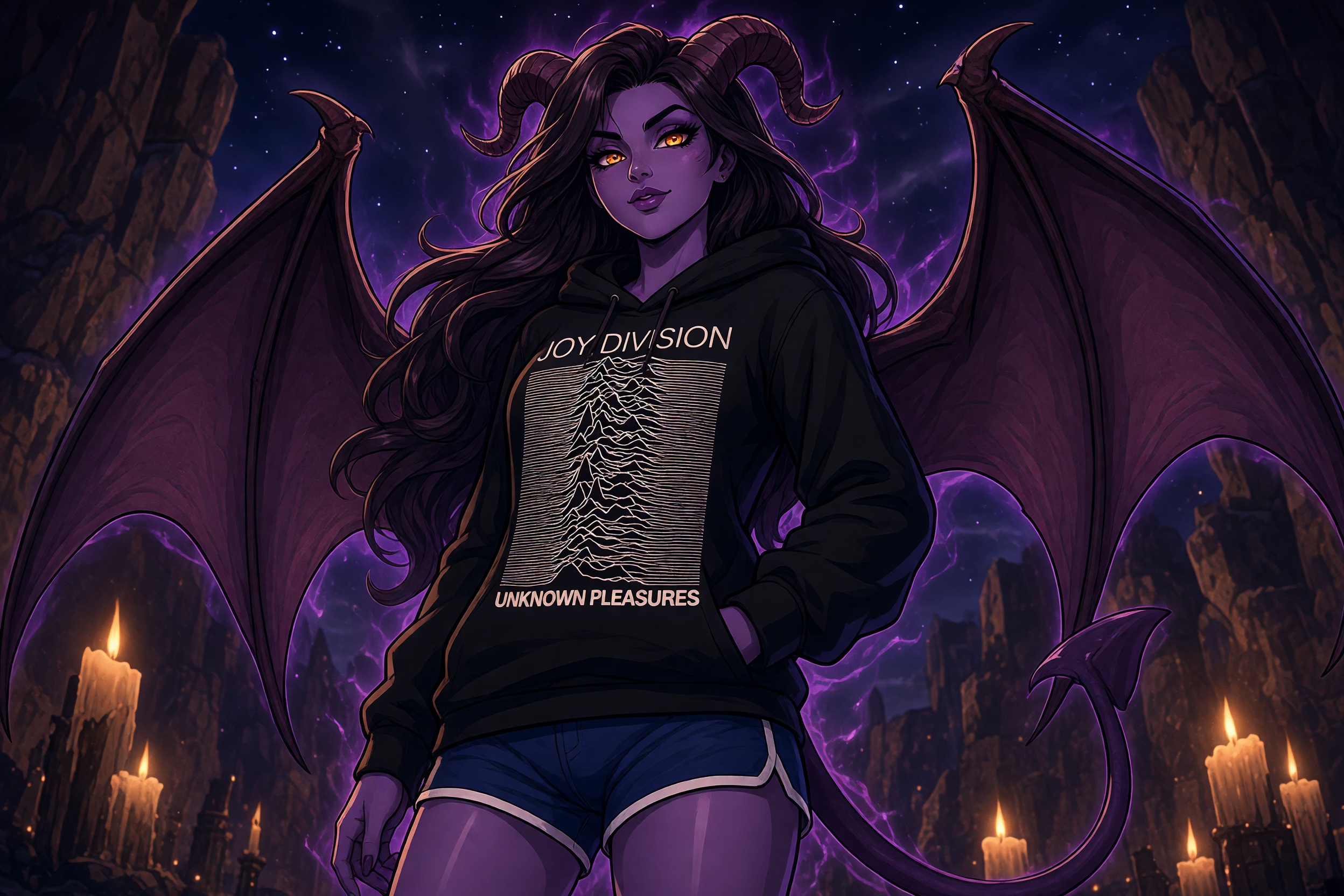 Note Use reference image for the design on the hoodie the succubus is wearing.   western cartoon style, purple-skinned succubus woman standing confidently with massive outstretched leathery bat wings,