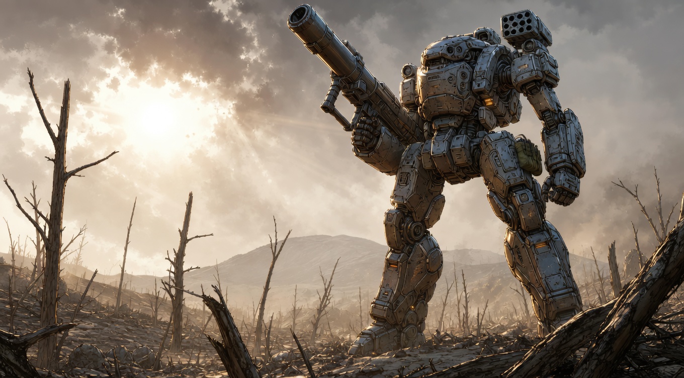 mech with satchels on each hip, cohesive armor panels, dynamic angle, dramatic lighting, digital painting, concept art, volumetric lighting, extremely detailed, sharp focus, intricate, wide shot, rim 