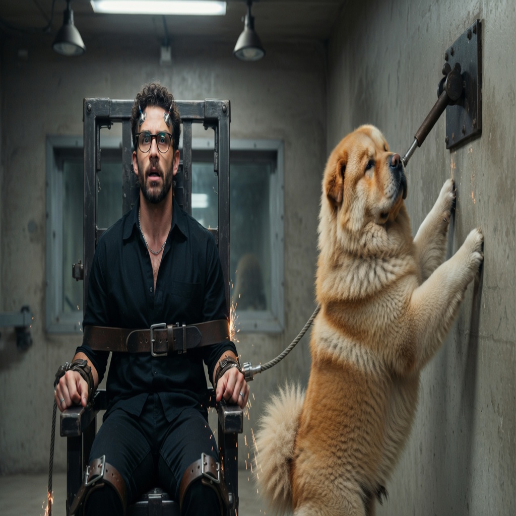 photorealistic, RAW photo, a tense man tightly strapped into a metal electric chair inside a stark prison execution chamber, thick leather wrist and ankle restraints buckled secure, electrode contacts