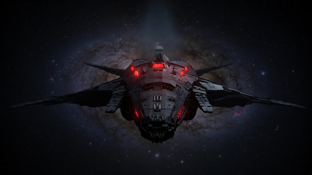 Make the ship less well lit, darken the galaxy behind it, and change the blue window lights into red emergency lights, add small scuffs from meteor impacts