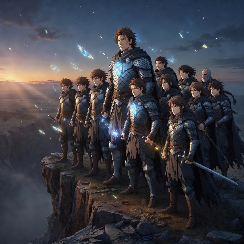 Make all the characters have brown hair and golden-amber eyes, keep the armor style