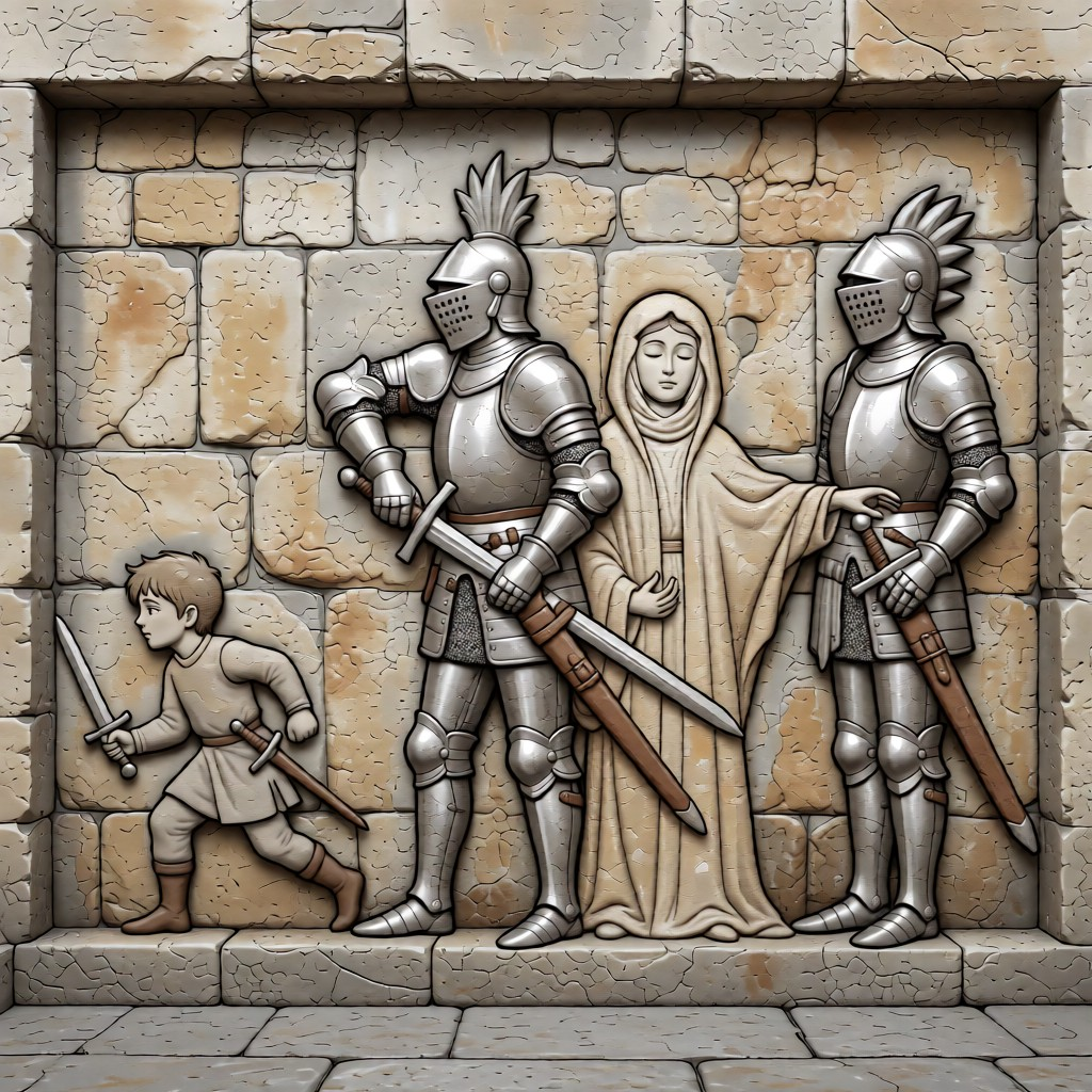 Orthodox Icon Style, flat style, slight Ghibli influence in aesthetic, picture chiseled into worn stone wall, wall is pushed back in a courtyard, stone texture, greyscale, two knights in full plate ar