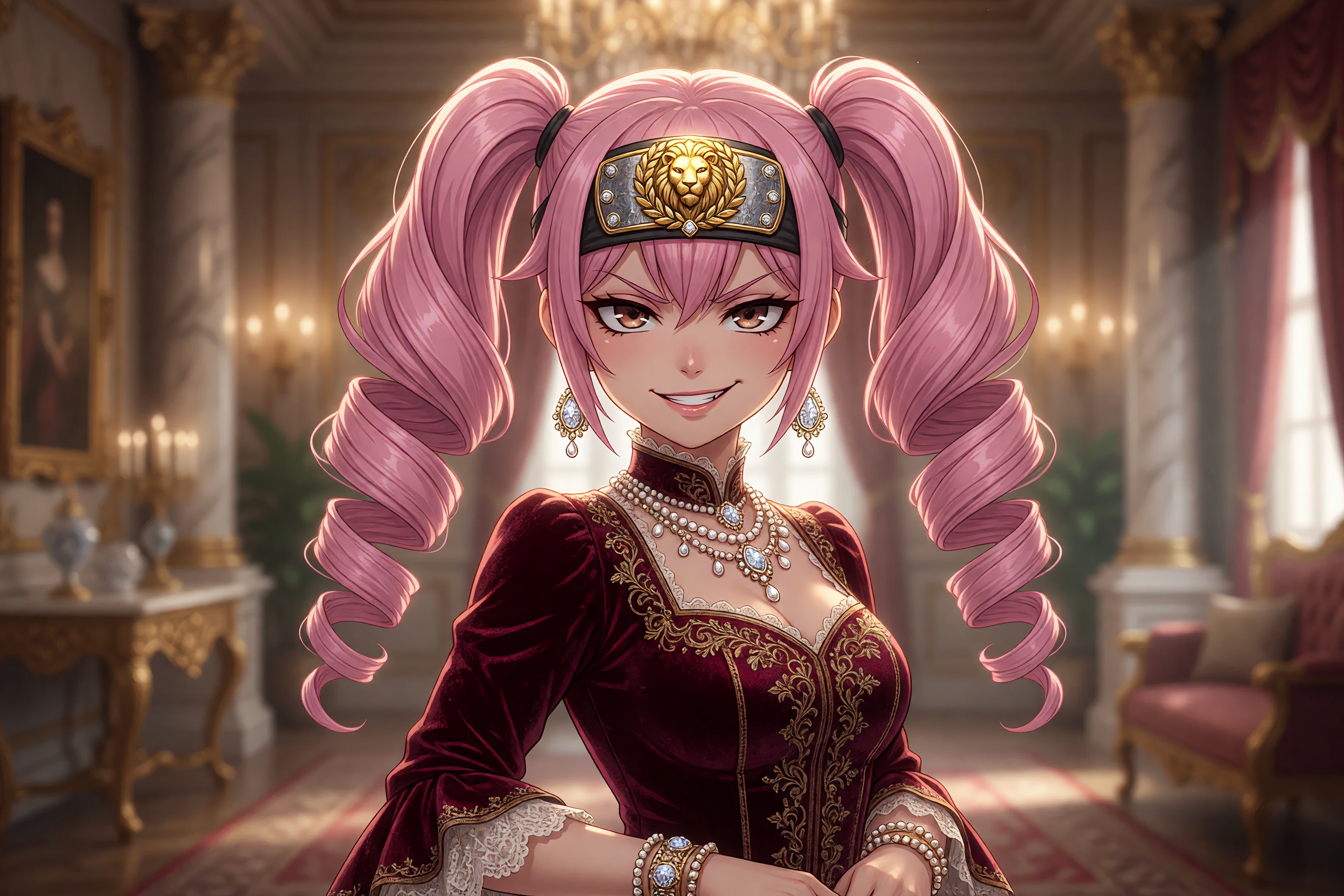 anime style, 1girl, solo, headband with rich person emblem, gold wealth crest on headband, luxurious elegant outfit, expensive jewelry, smug confident expression, looking at viewer, cowboy shot, soft 