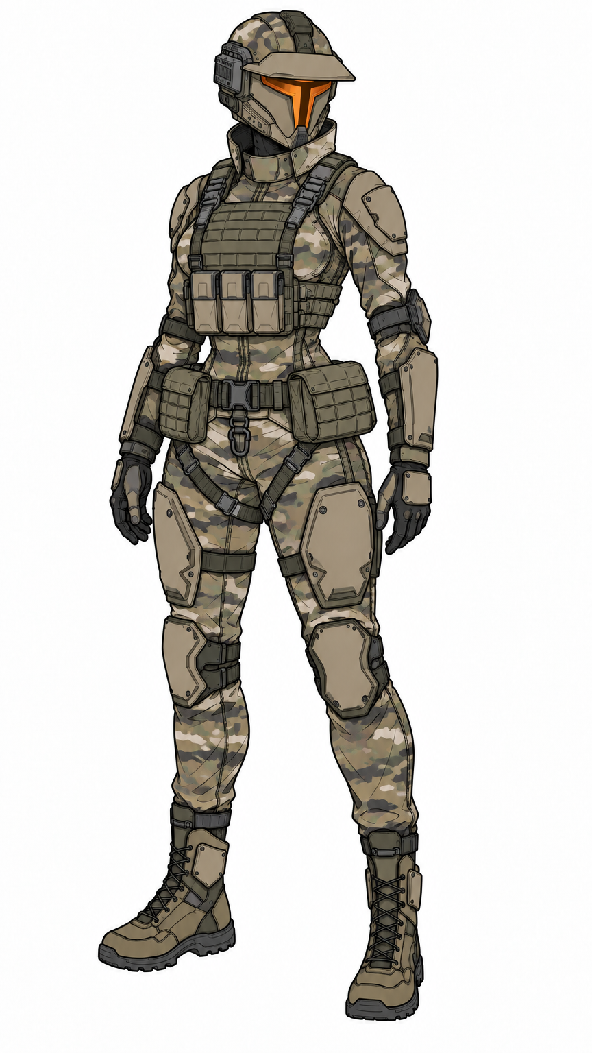 Same image but add colors, urban hues and camouflage patterns especially on the under suit and some parts of the helmet but more solid colors on armor plates and pouches. Visor needs to be a medium or