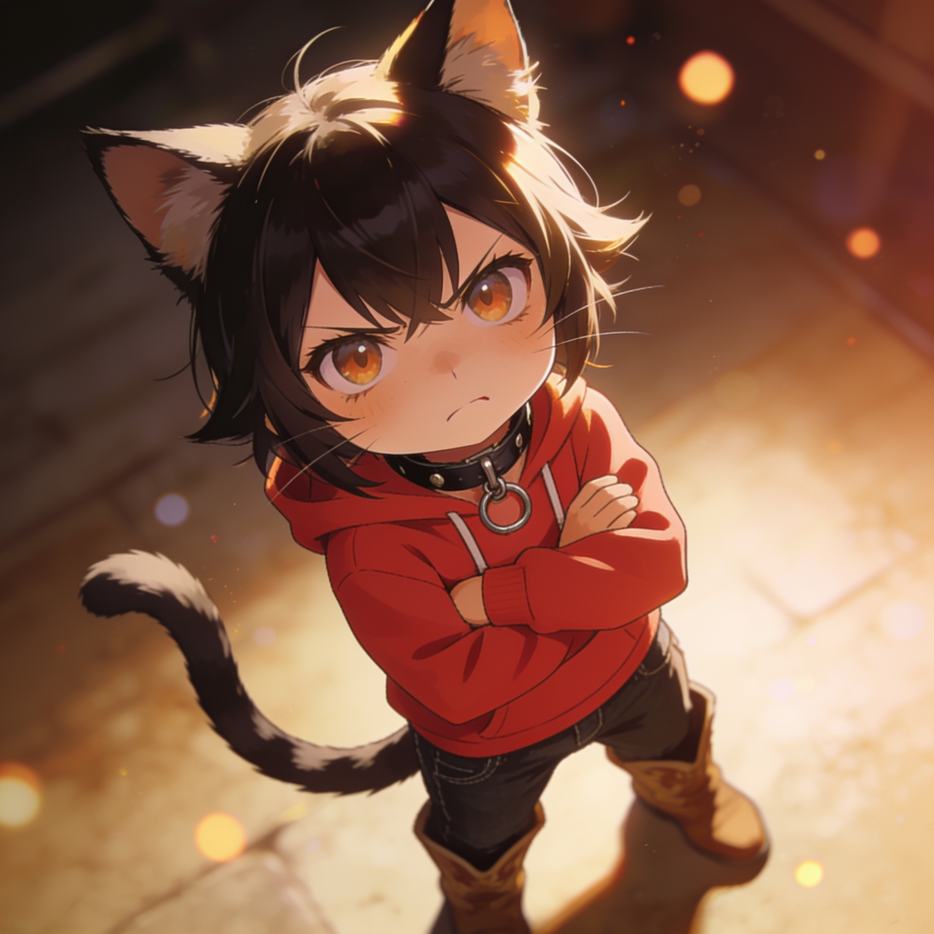 Have the cat boy wear a red hoodie and black jeans.