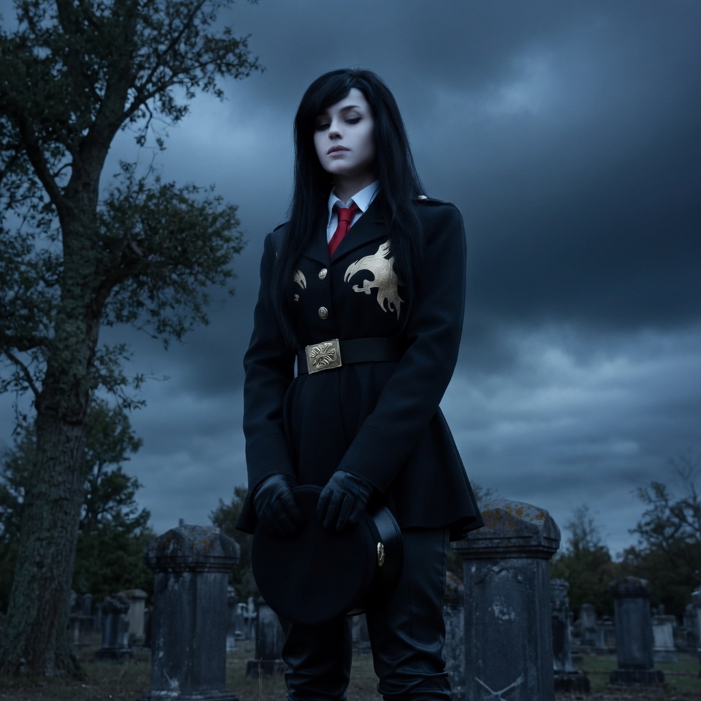 make the lighting more ominous, slightly just a little bit blue-ish pale. make her skin more pale. remaster this image, high resolution. don't add or change anything else