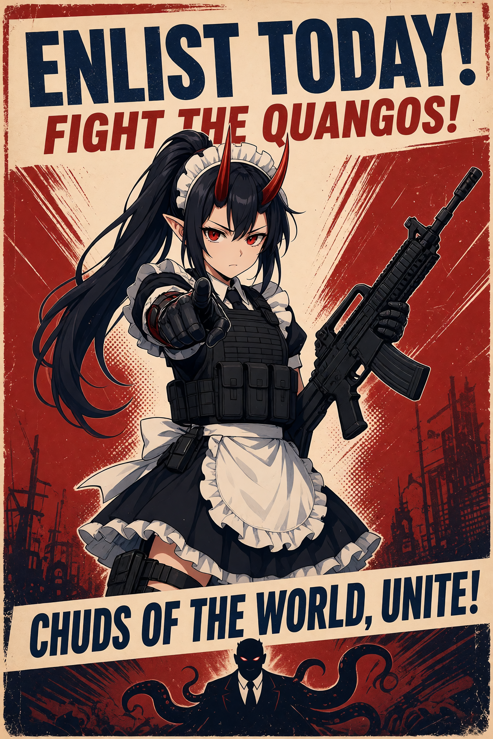 Put this character onto a WWII style enlistment poster, with any kind of reference to allies or friends replaced with chuds and any reference of an enemy replaced with quangos