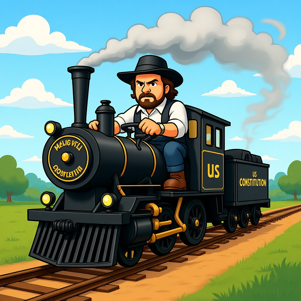western cartoon style, figure driving a steam locomotive called "US Constitution", determined engineer gripping the throttle, steam billowing from the stack, classic black locomotive with brass fittin