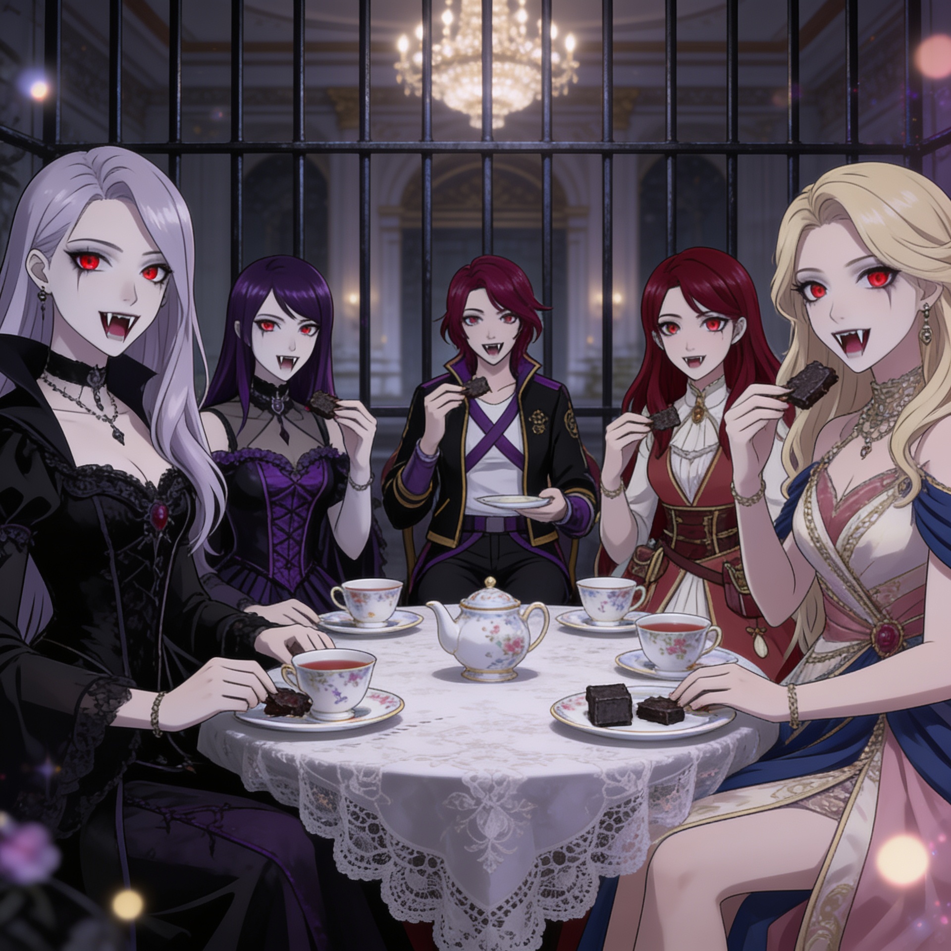 anime style, 5 girls, tea party, vampire fangs, iron bars, girls eating iron at tea party, sitting around table, teacups, saucers, iron pieces on plates, vampire girls, research and development depart