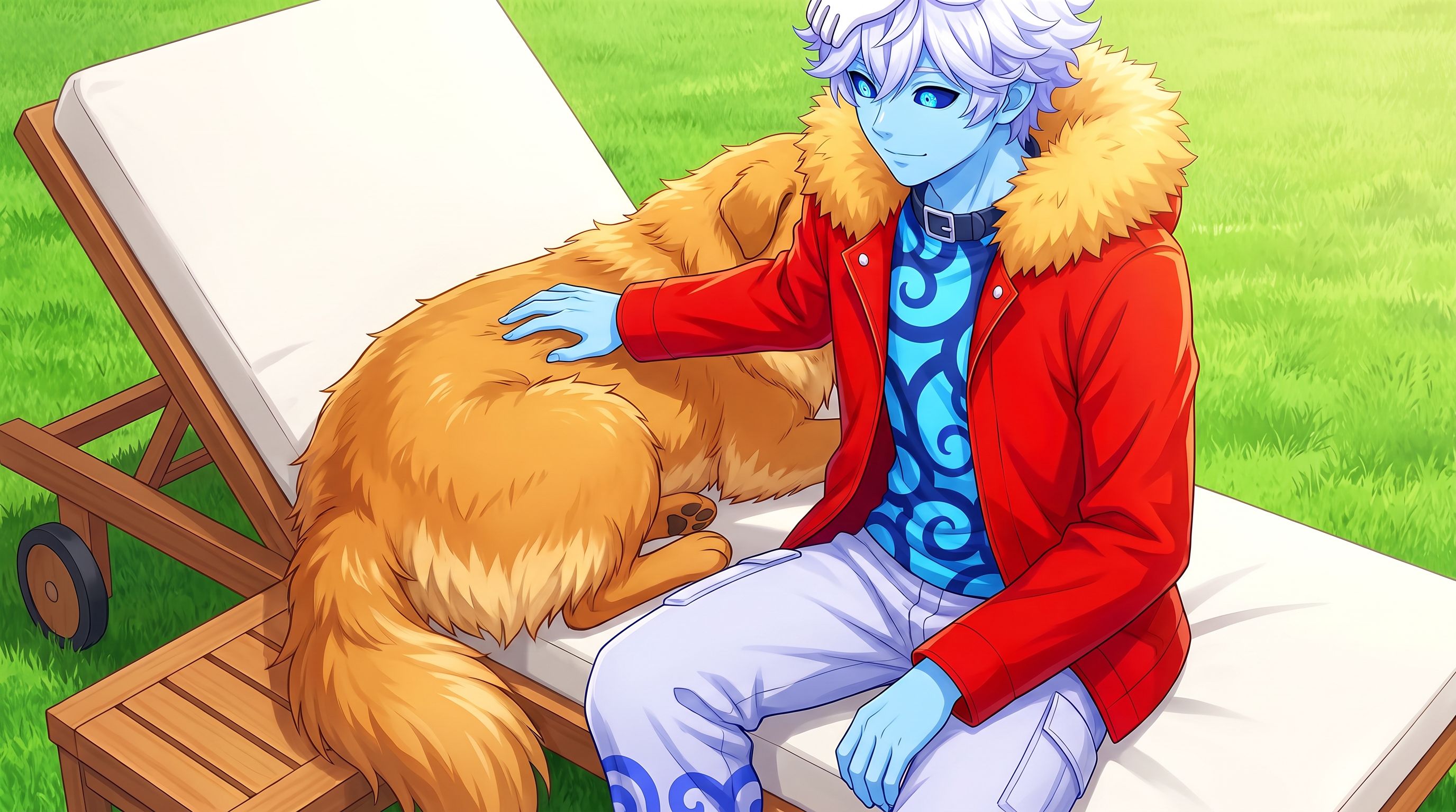 all anime style person from 1st picture is sitting next to the dog from 2nd picture and is stroking the dog, dog is fluffy and only 10-20 % smaller than the person