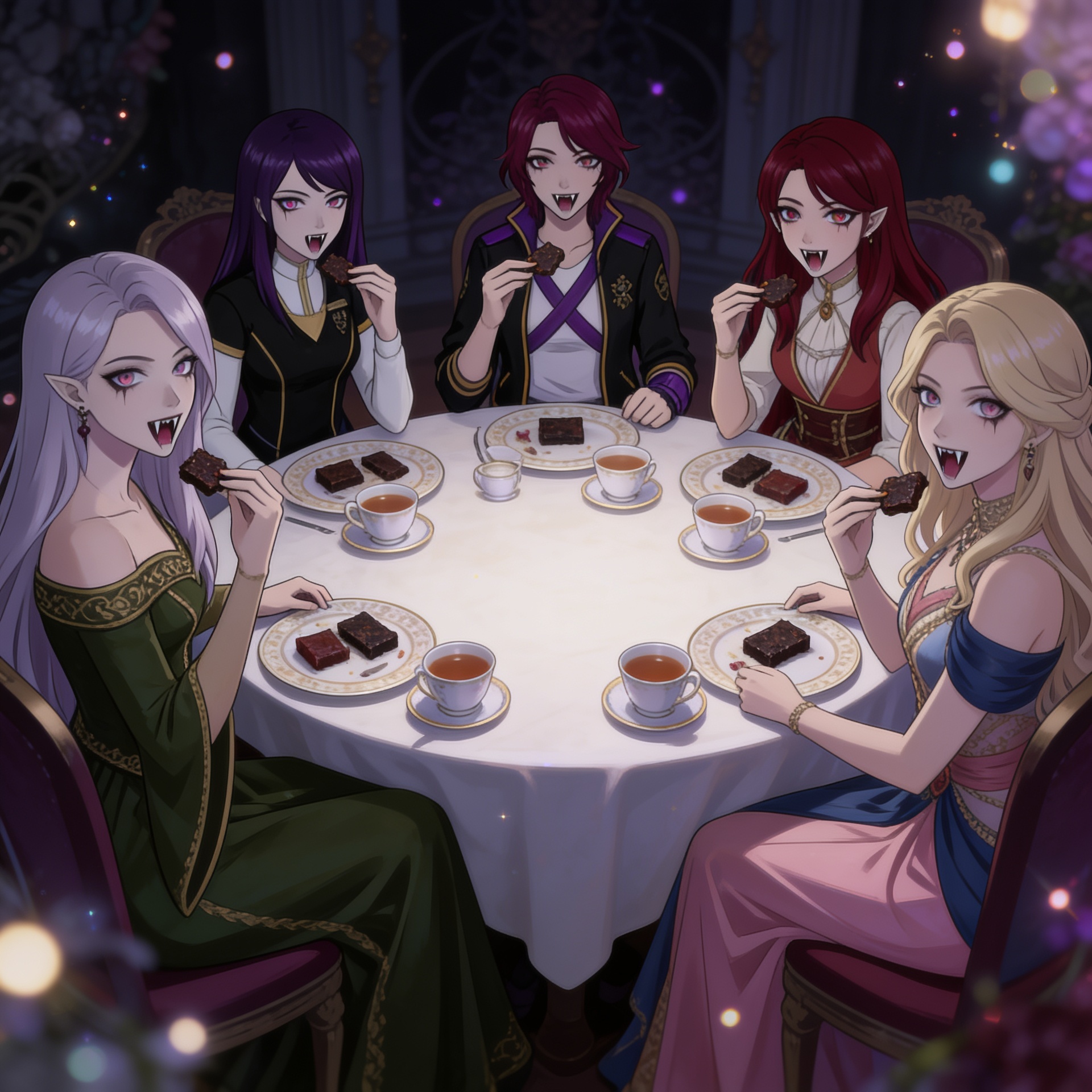 anime style, 5 girls, tea party, vampire fangs, iron bars, girls eating iron at tea party, sitting around table, teacups, saucers, iron pieces on plates, vampire girls, full body, soft lighting, rim l