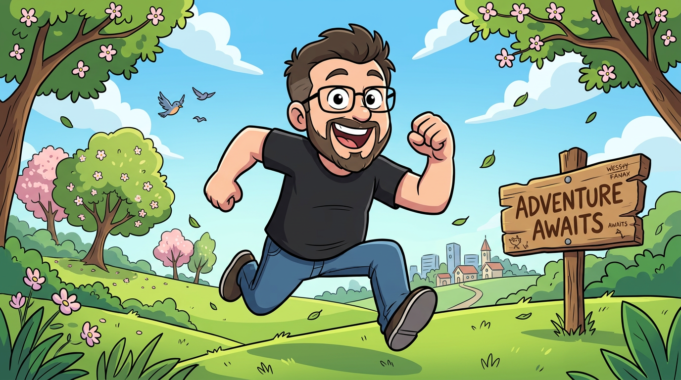 western cartoon style, me as a simple cartoon character on a cheerful saturday morning adventure, running forward with lively pose, animation style, expressive eyes, stylized background, clean edges, 